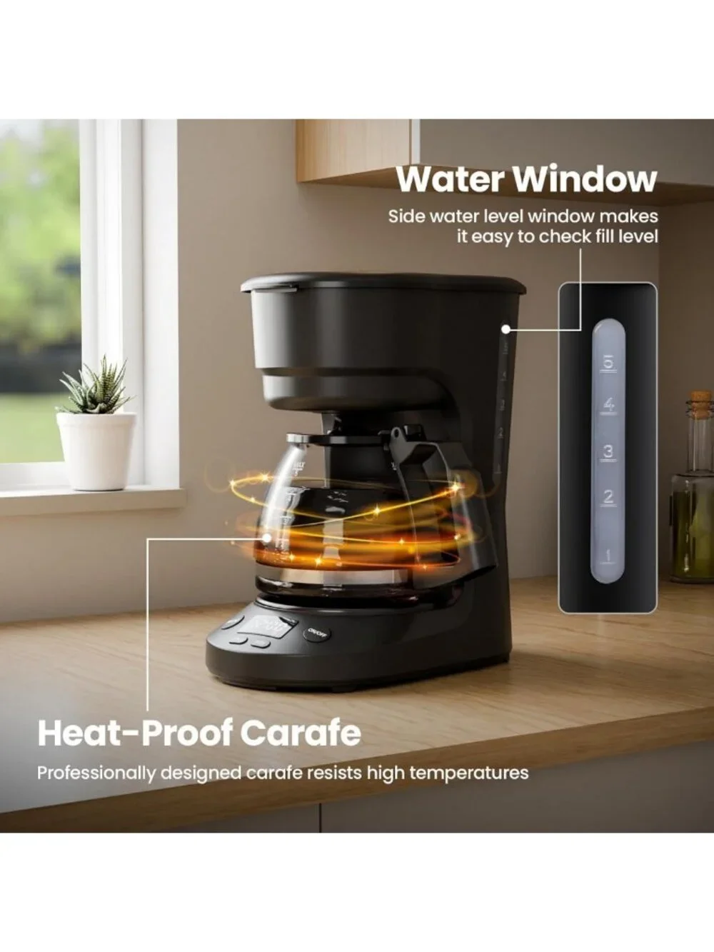 5-Cup Drip Coffee Maker with LED Display, Timer, Anti-Drip & Auto Shut-Off